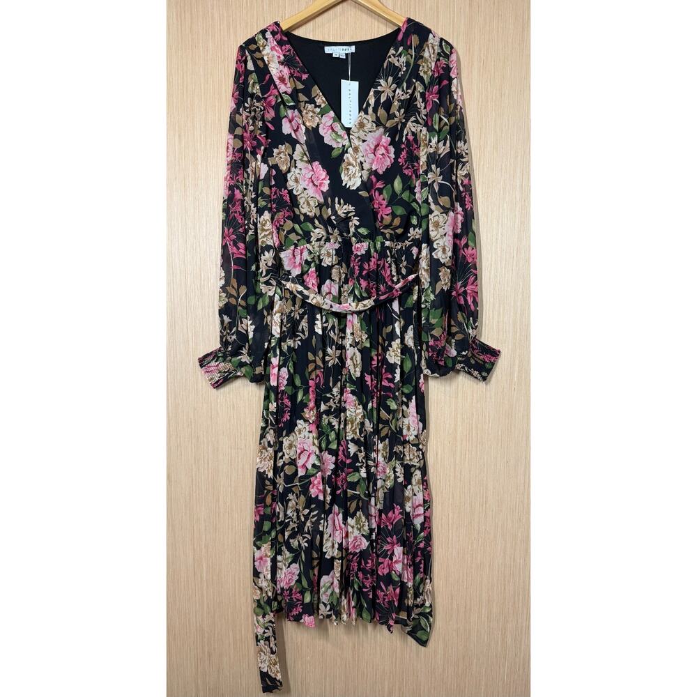 NEW Baltic Born Laurie Black Floral Midi Dress Womens 1X Pleated Lined Romantic - Picture 2 of 12